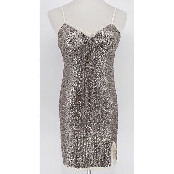 Wild Fable Mini Dress Womens M Silver Sequin With Adjustable Straps & Side Slit - Picture 1 of 9